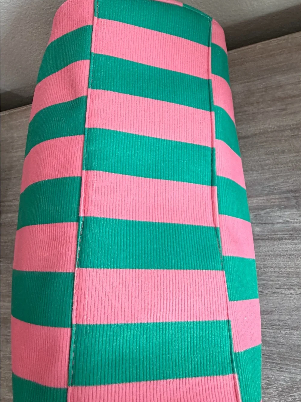 Bubblegum Pink & Green Striped Canvas Large Zip Handle Cosmetic Bag Tote Pockets